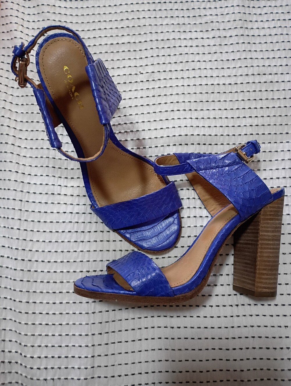 Coach Royal Blue Textured Leather Block Heel Sandals